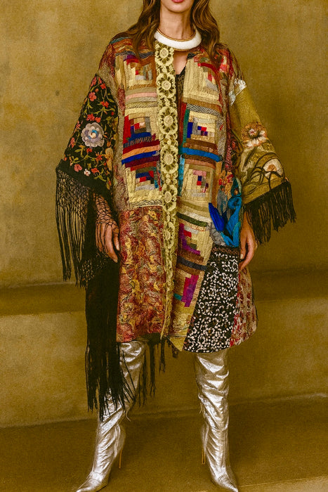 Adonis, 40s Irish wool hooded patchwork fringed coat