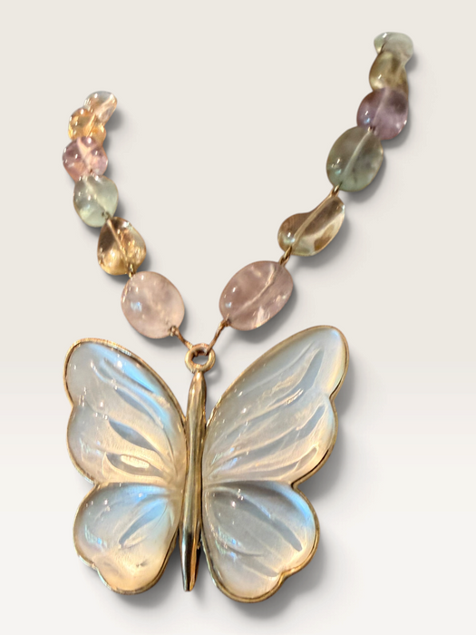 Jasmir, reworked pearlised vintage butterfly necklace with pastel crystals