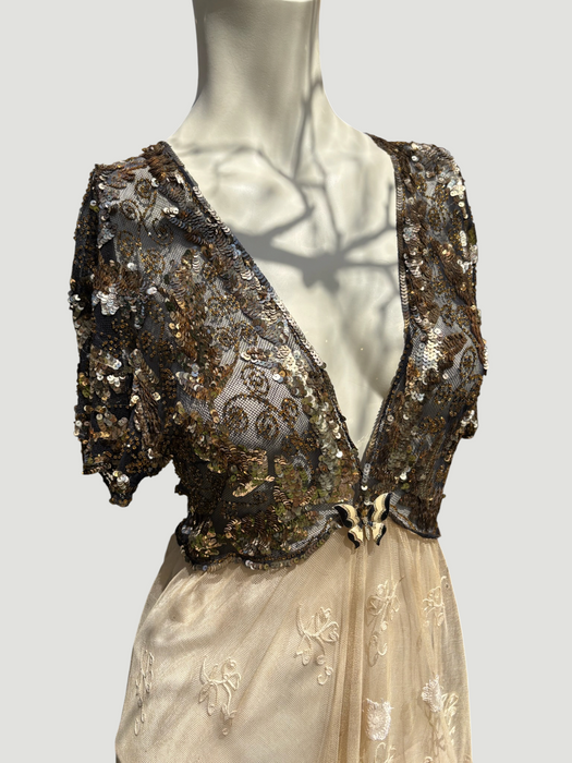 Daisy, 20s black and gold floral sequins and Victorian ecru lace dress