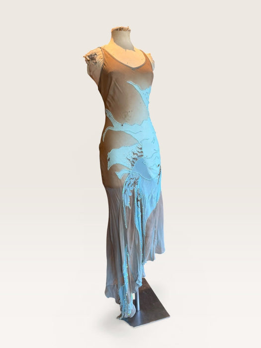 Chiara, 90s bias cut, aqua and taupe beaded asymmetric dress – One Vintage