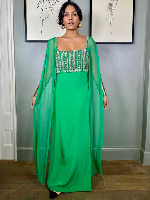 Arianna, jewel green 60s beaded dress