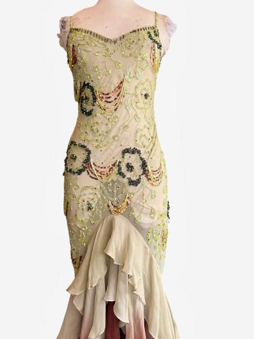 Flora, vintage bias cut beaded dress with ombré frill design