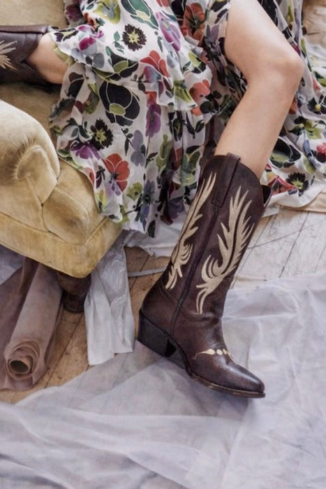 Ozark, 70s brown and cream tooled hand painted cowboy boots