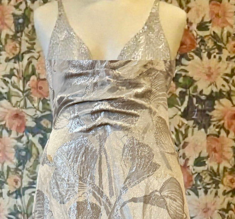 Monica, 20s silver floral lamé dress with bustle train