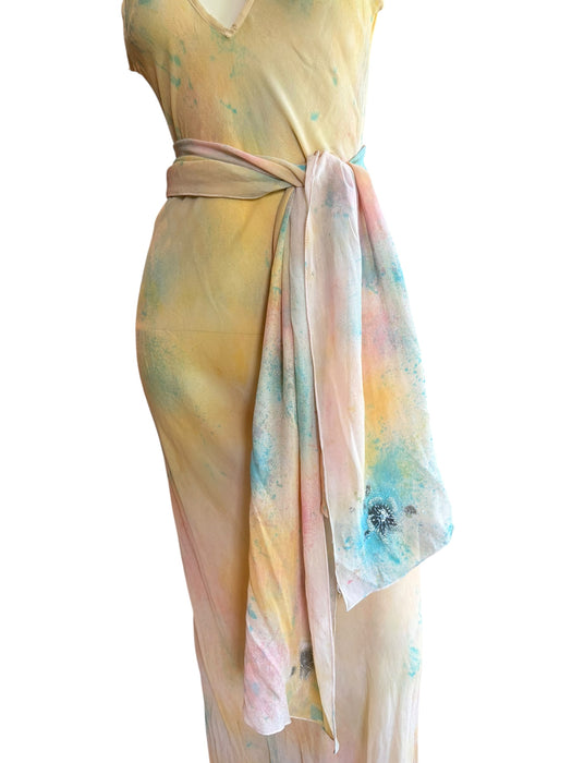 Aline, hand dyed 30s silk bias cut dress with attached belt/cape