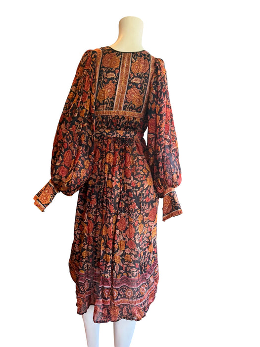 Anchor, 70s silk Indian block print balloon sleeves belted dress