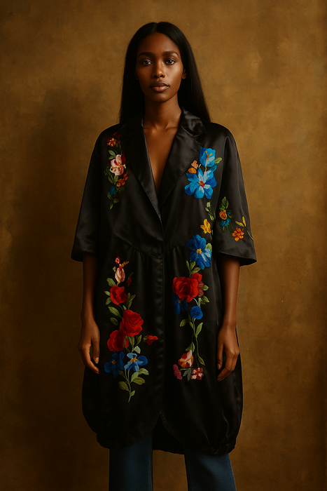 Fable, 20s silk black cocoon floral coat