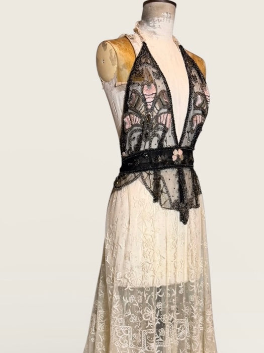 August, reworked Victorian French lace and 20s beaded dress