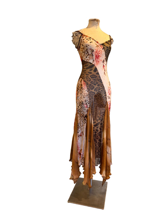 Dorsey, 90s mixed print bias cut dress with handkerchief hemline