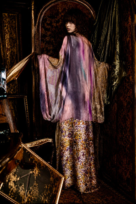 Claudia, reworked reversible vintage silk Kaftan with side leg slip