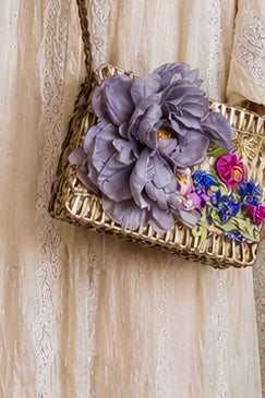 Magli, 70s Made Italy, gold straw shrouded bag with silk antique florals and gold plated butterfly