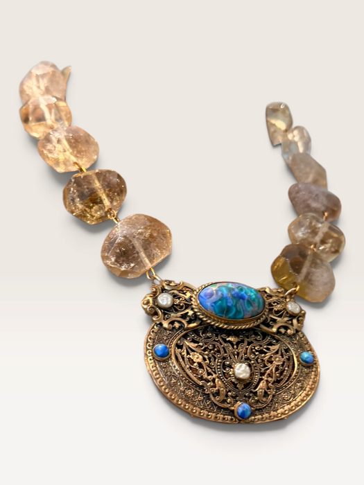 Jasmir, reworked lemon Quartz raw cut gems set with a  Victorian gold plated pendant