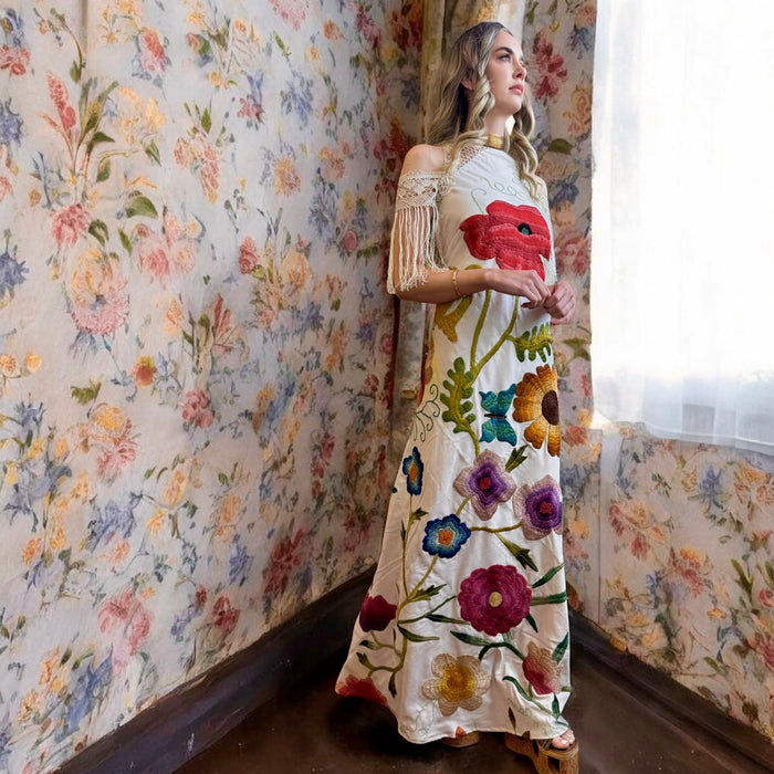 Tara, 40s silk embroidered floral dress