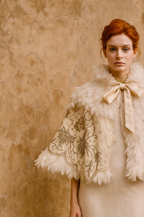 Ornella, reworked 30s cream feather cape with silver antique beading