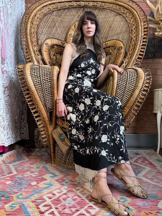 Tara, 40s silk embroidered floral shawl dress