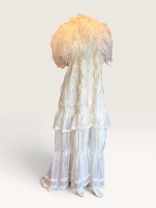Bodie, vintage white ostrich feather and Victorian silk ruffle skirt