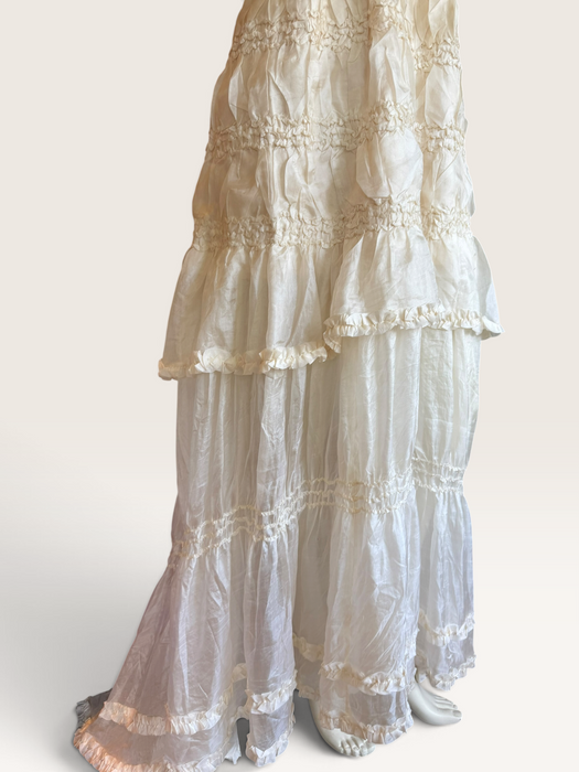 Bodie, vintage white ostrich feather and Victorian silk ruffle skirt