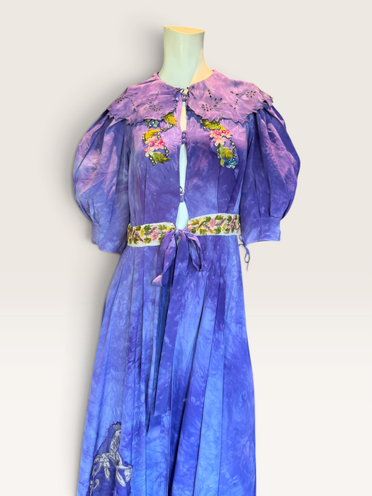 Hyacinth, 30s hand dyed silk robe with Edwardian ribbon florals