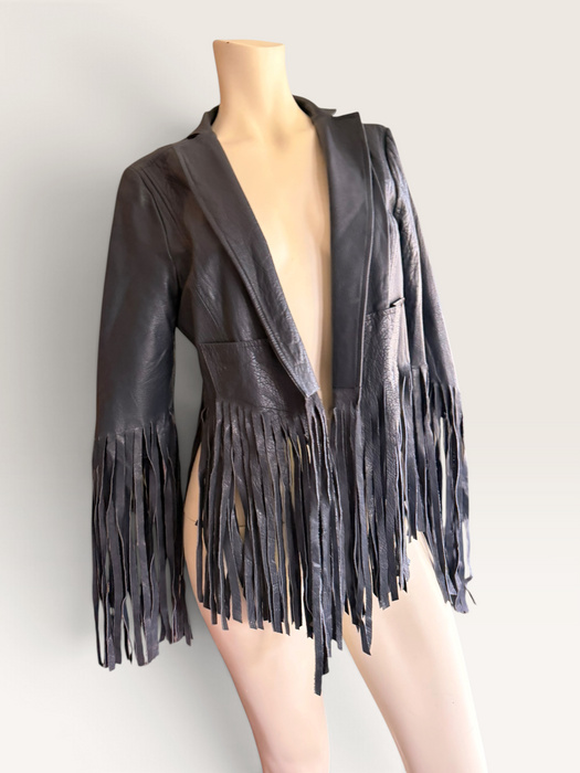 Kate Moss, for Top Shop Y2K navy leather fringed jacket