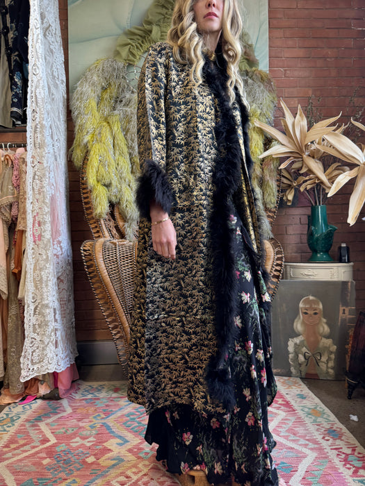 Colette, 30s lack and gold print robe with feather hem