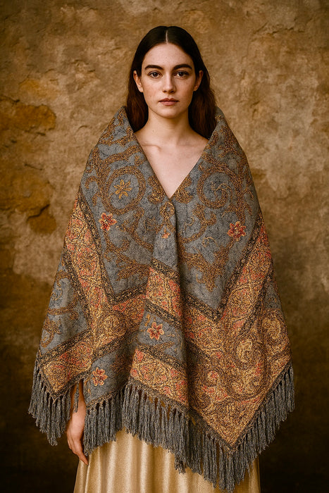 Aura, reworked Victorian embroidered lace fringed cape