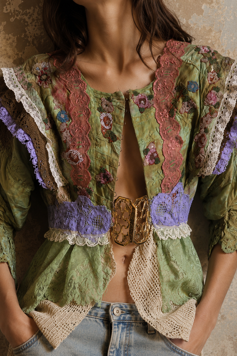 Monique, reworked Victorian hand dyed cotton and beaded lace jacket with art deco clasp