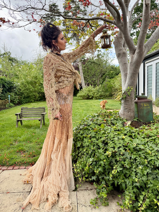 Sienna, reworked 90s beaded soft gold dress with cheesecloth inserts