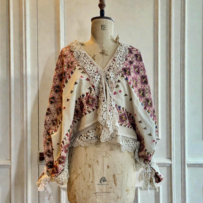 Claude, reworked antique Romanian embroidered and lace blouse