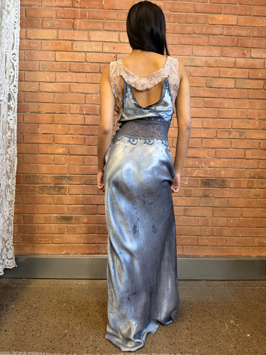 Azure, 20s bias cut hand dyed dress with lace detail