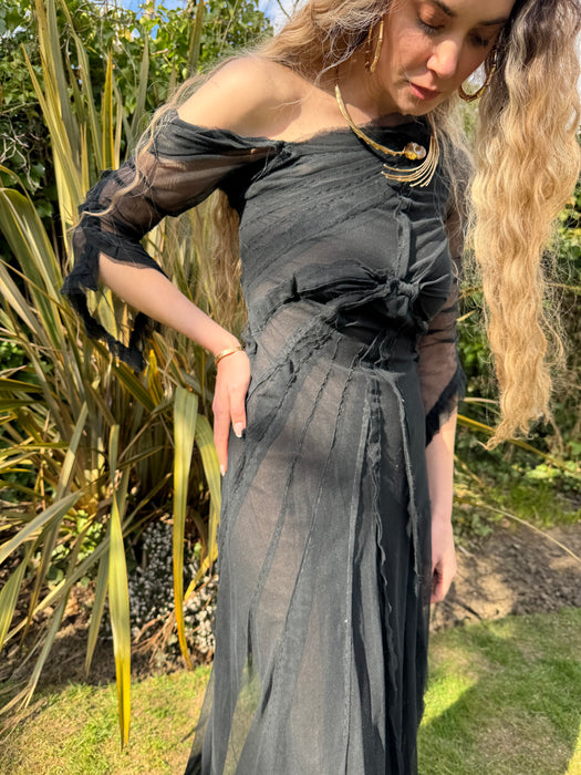 Stevie, 30s black net assymetric pleated gown