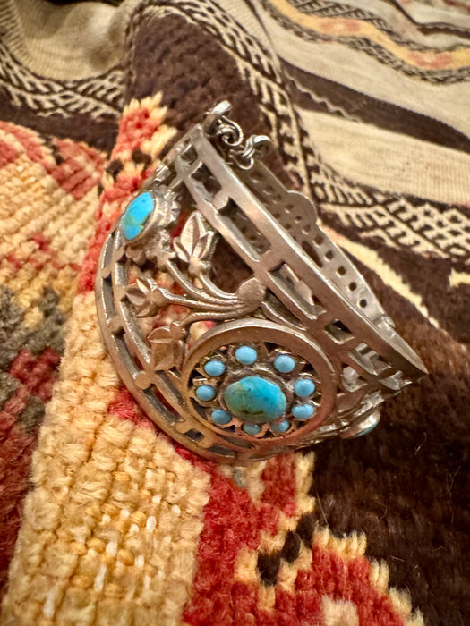 Julia, antique Native American silver turquoise cage etched cuff