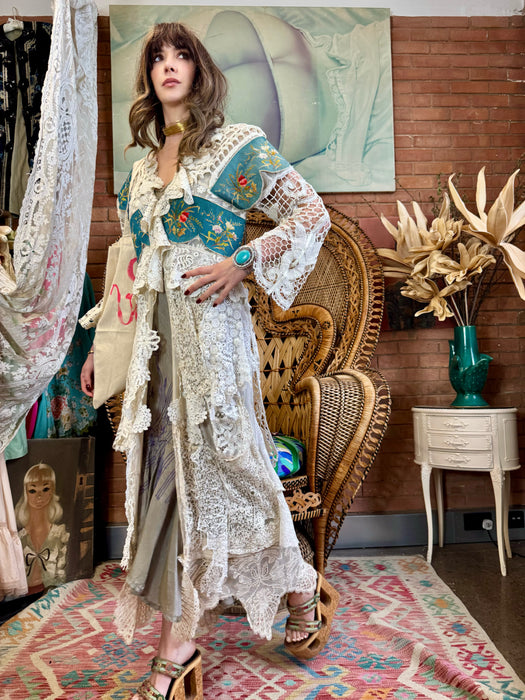 Joyce, reworked antique lace and needlepoint coat