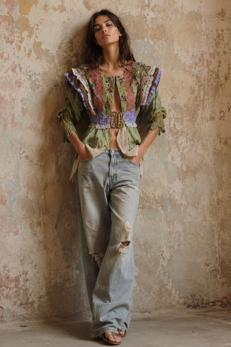 Monique, reworked Victorian hand dyed cotton and beaded lace jacket with art deco clasp