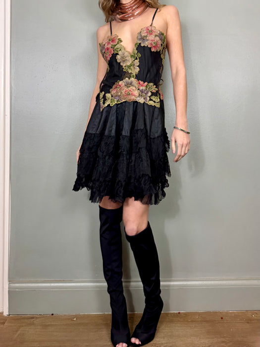 Sarita, reworked floral and Victorian silk frill skirt dress