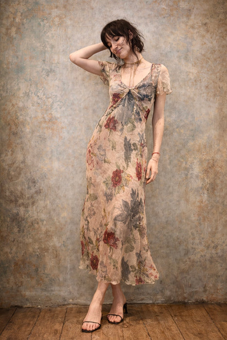 Serena, vintage silk chiffon floral bias cut short sleeve dress