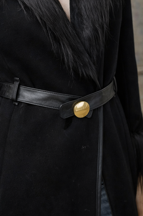 Baccarat, 70s black wool, leather and fur coat