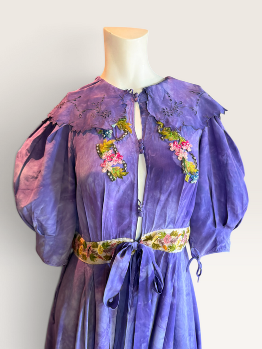 Hyacinth, 30s hand dyed silk robe with Edwardian ribbon florals