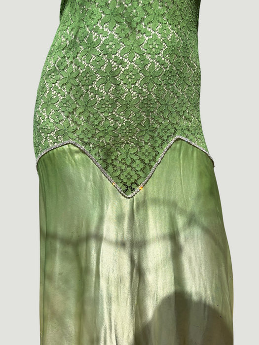 Astrid, 1930s silk and lace green hand dyed bias cut dress with rhinestone details