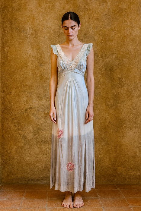 Thea, reworked 30s hand dyed embroidered and lace dress