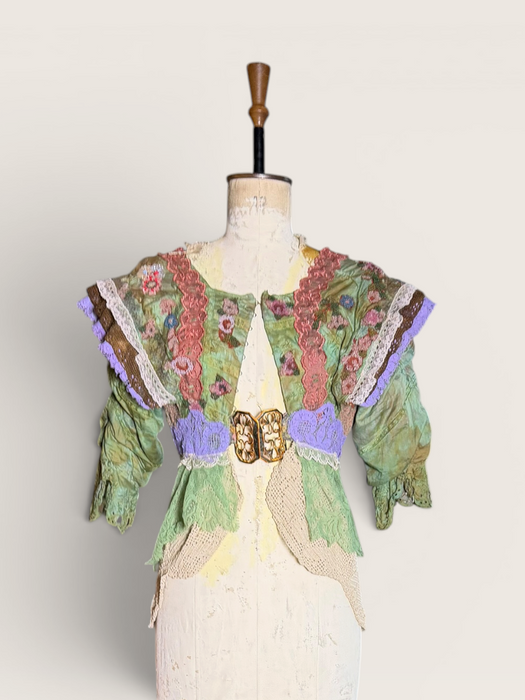 Monique, reworked Victorian hand dyed cotton and beaded lace jacket with art deco clasp
