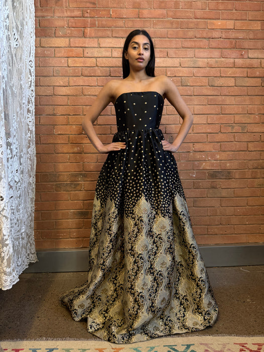 Alice, Y2K silk jacquard black and gold dress