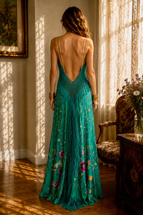 Dora, reworked 1940s silk embroidered fringed piano shawl dress
