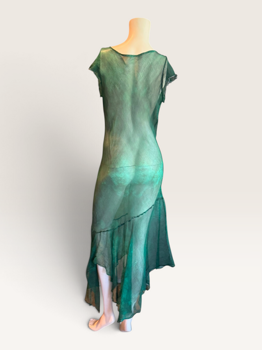 Ronda, hand dyed emerald green bias cut, asymmetric vintage chiffon beaded dress