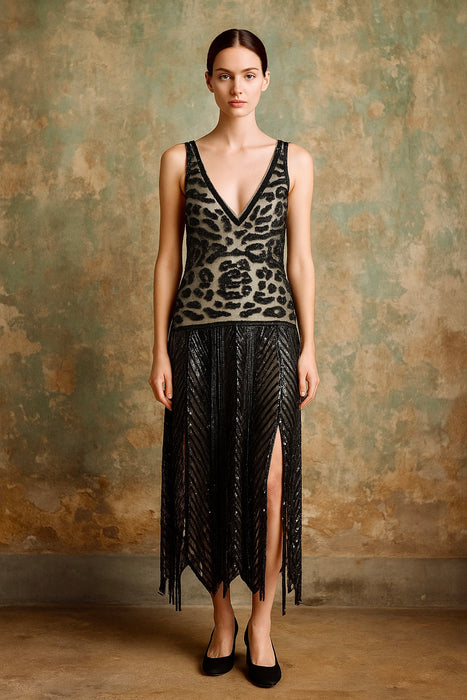 Ora, 20s black beaded net sheer dress