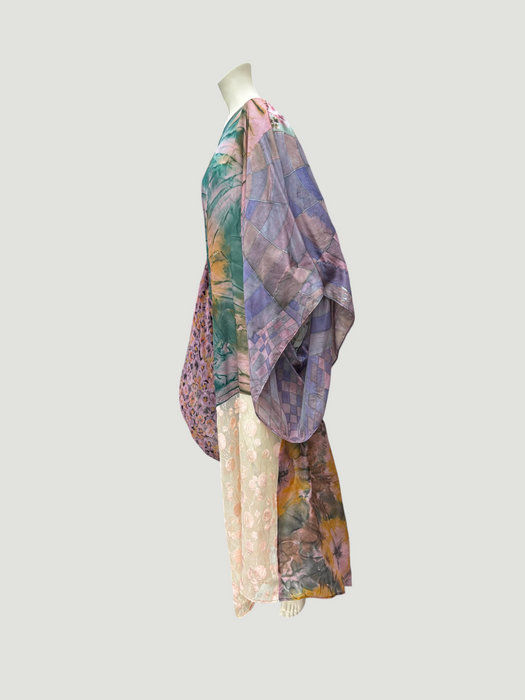 Aline, reworked silk 70s hand painted patchwork parachute kaftan