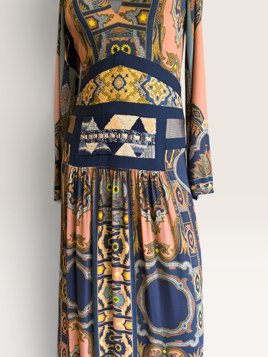 Etro, Fall 2015, runway geometric print beaded long jersey dress