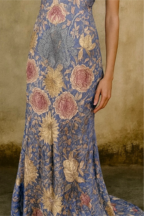 Mina, reworked floral embroidered long piano shawl gown