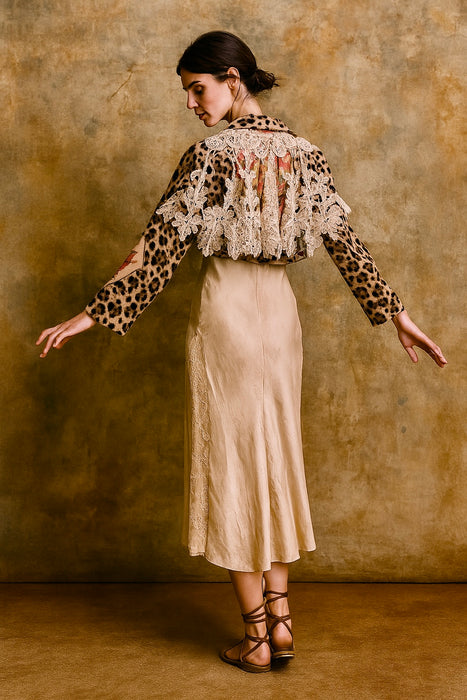 Fulcrum, leopard print long sleeve biker jacket with origin lace and embroidery