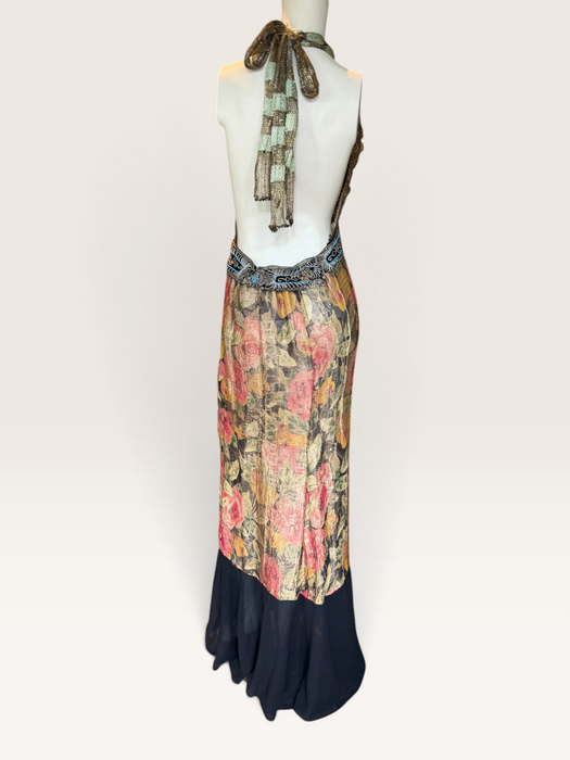 Dray, reworked 1920s floral lamé and metallic dress with glass black jet beaded fringed waistband