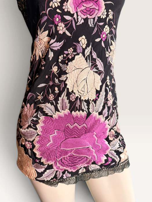 Cody, reworked 1940s black silk embroidered piano shall mini dress